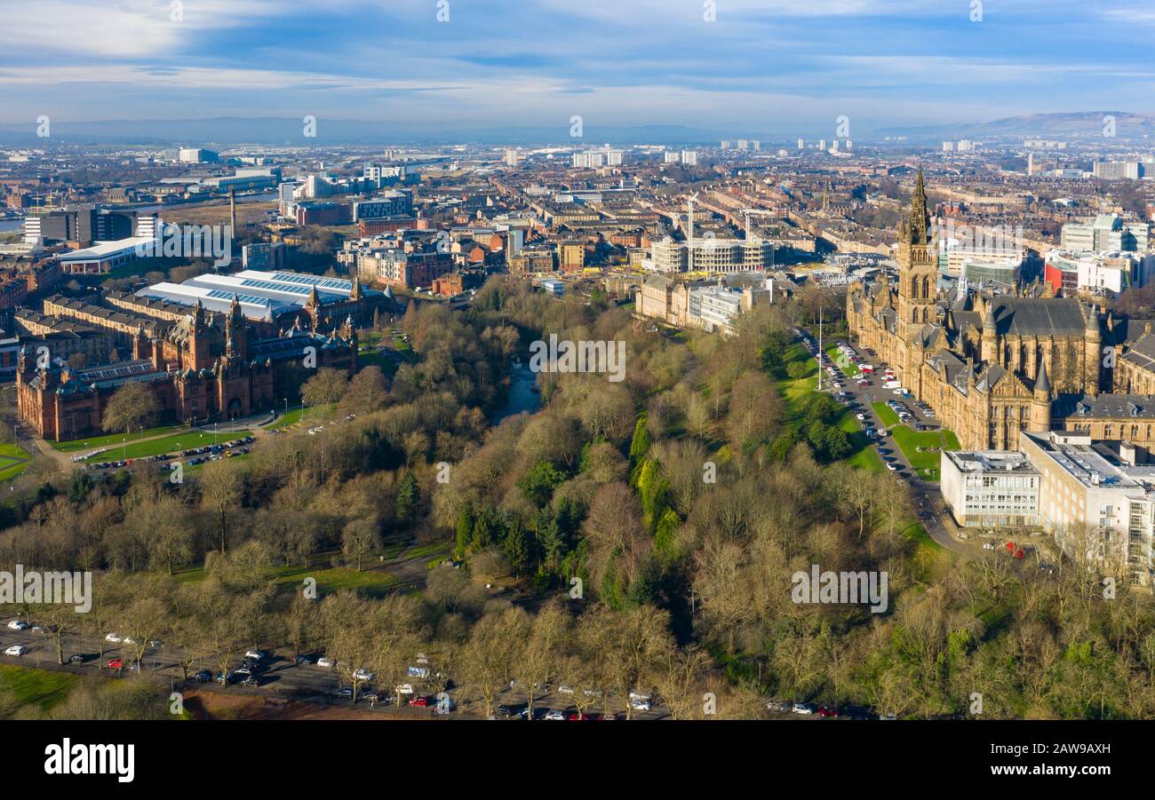 Aerial view of Kelvingrove Art Galleries and museum on left and Glasgow ...