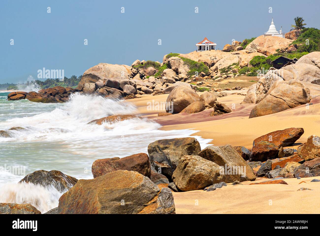 Kirinda beach and Buddhist Temple, Sri Lanka Stock Photo