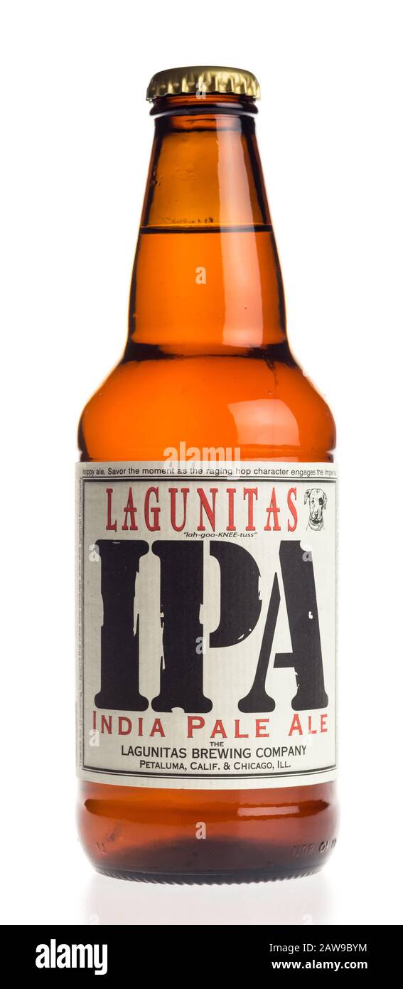 Bottle of Lagunitas IPA beer isolated on a white background Stock Photo