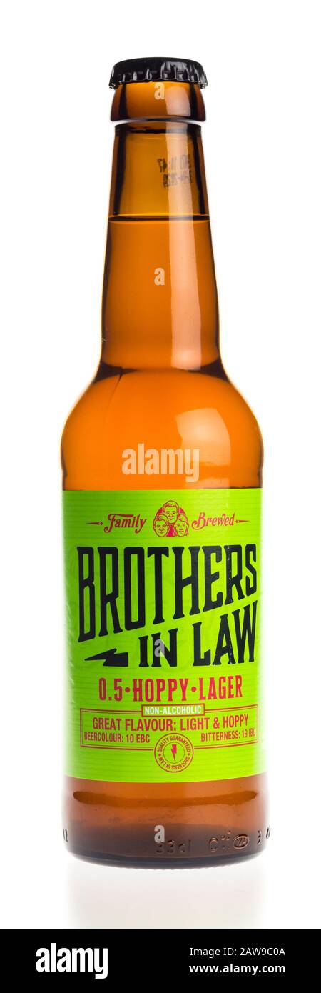 Bottle of Brothers in Law Hoppy lager beer isolated on a white background Stock Photo