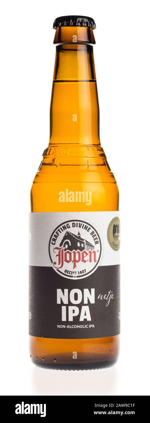 Bottle of non alcoholic Jopen Non IPA beer isolated on a white Background Stock Photo
