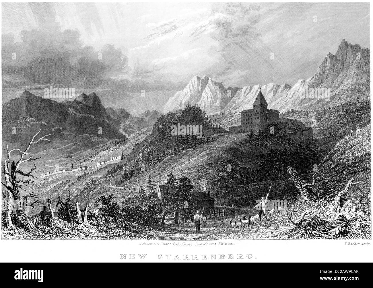An engraving of New Starrenberg (in the Tyrol) scanned at high resolution from a book printed in 1836. Believed copyright free. Stock Photo