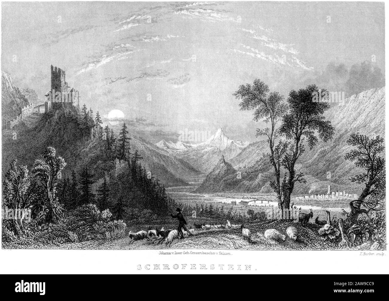 An engraving of Schroferstein (Schrofenstein Landeck in the Tyrol) scanned at high resolution from a book printed in 1836. Believed copyright free. Stock Photo