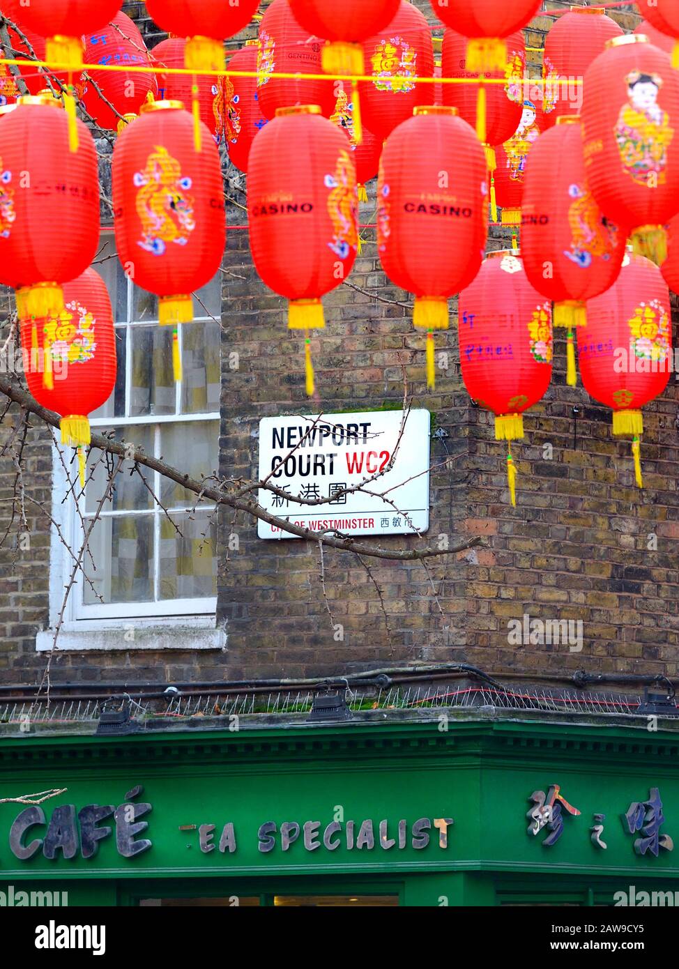 London, England, UK. Chinatown Chinese lanterns in Little Newport