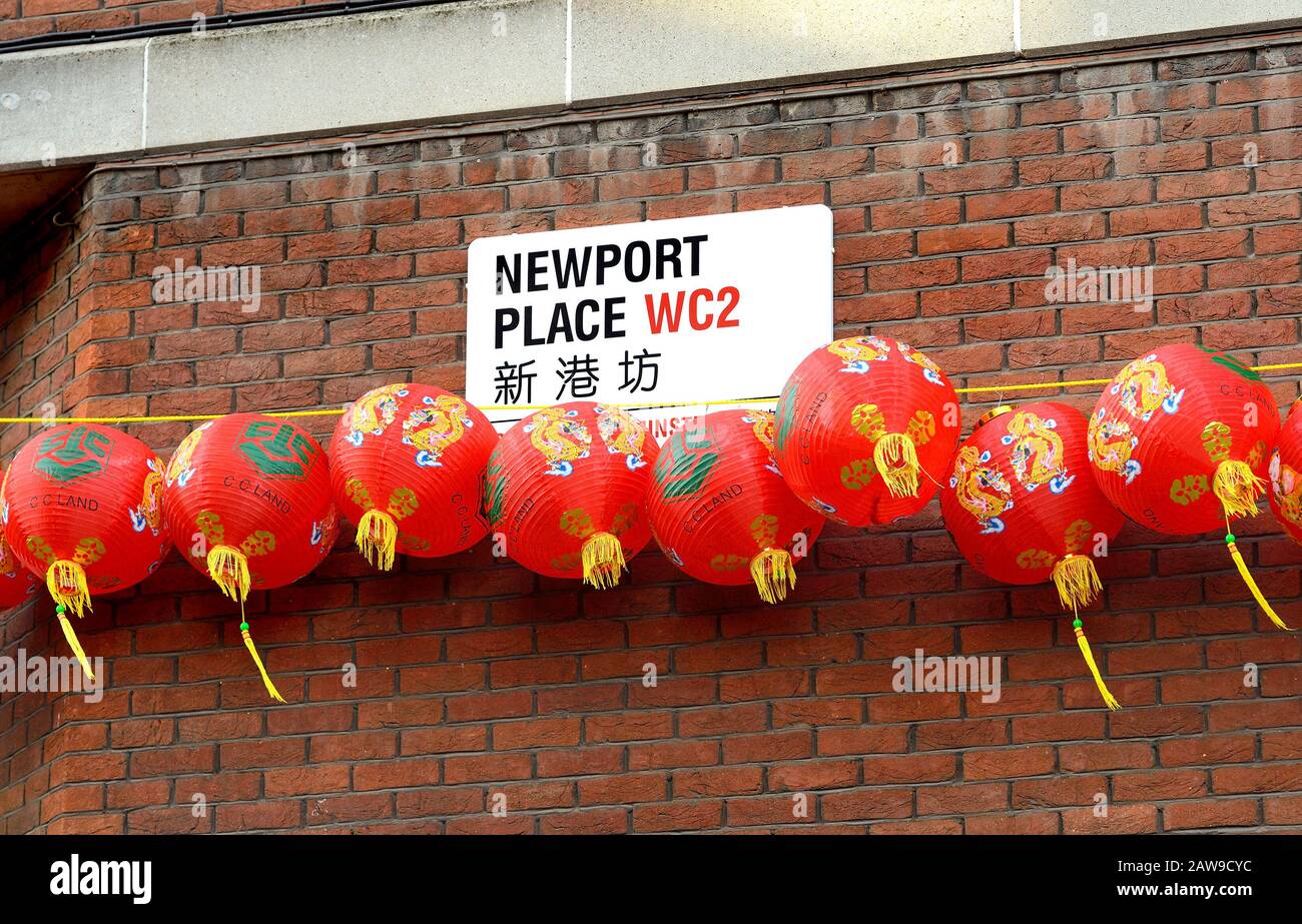 London, England, UK. Chinatown Chinese lanterns in Newport Place