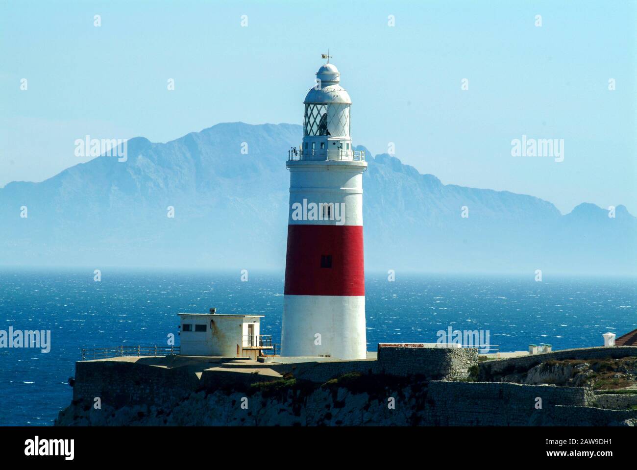 The Lighthouse at Europa Point in Gibraltar with Morocco clearly seen in the background Stock Photo