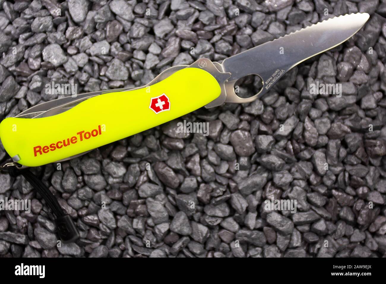 Ibach, Switzerland 02.02.2020 yellow Rescue tool Victorinox Swiss