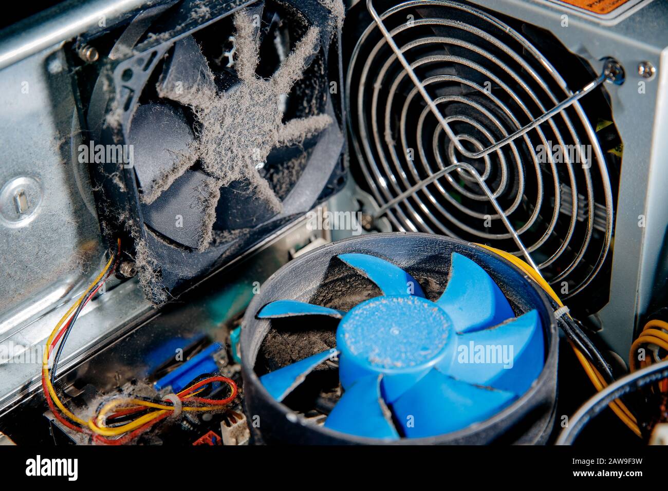 Dust on computer pc processor cooler with mainboard. concept Component maintenance. Stock Photo