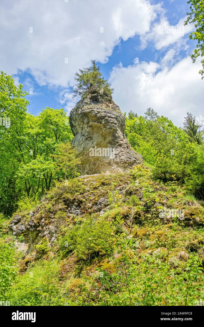 Impressive rock 'Wentalweible' along the educational trail 'Wentallehrpfad' at Swabian Alps Stock Photo