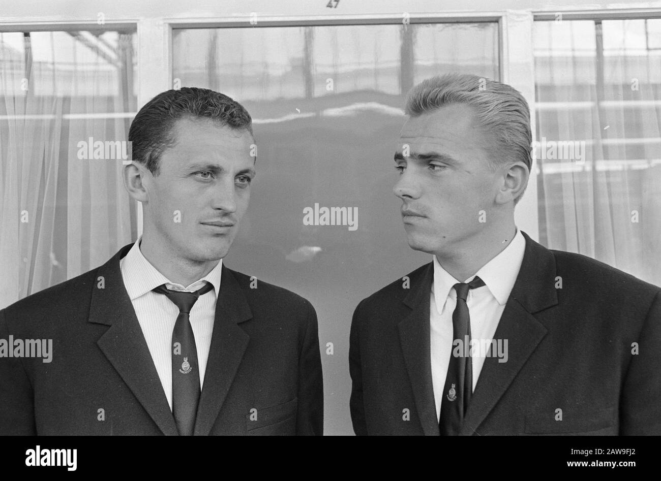 Arrival Hungarian soccer team at Schiphol  Left Albert and right Mazoly Date: September 5, 1966 Location: North-Holland, Schiphol Keywords: group portraits, sports, football Stock Photo