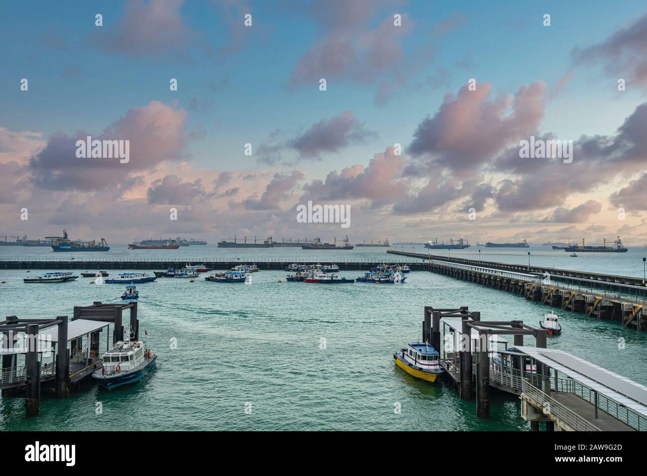 Singapore. January 2020.   A panoramic view of the harbour at Marina South Pier at sunset Stock Photo