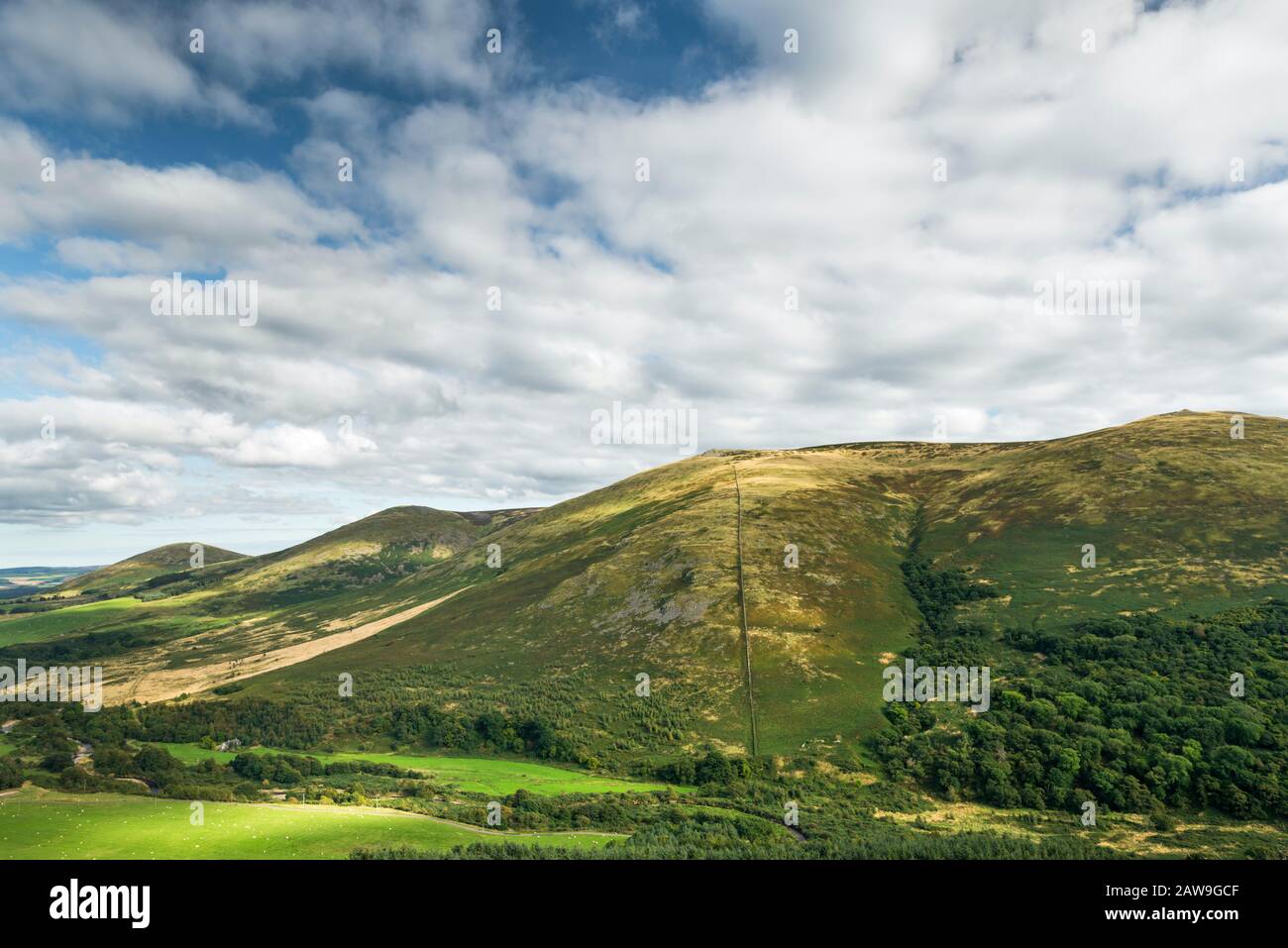 Hare law, Wester Tor and Easter Tor in the College Valley from the summit of Great Hetha, Northumberland National Park, England Stock Photo