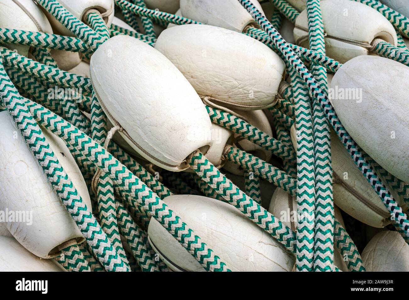 Stowed rope and floats used in the commercial fishing industry in Sitka ...