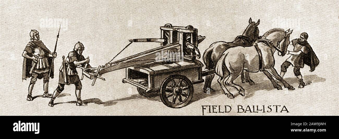 A 1940's illustration showing historic battle weapons - Horse-drawn Field Ballista. It is also known as an (arcus 'bow' + ballista 'missile-throwing engine) Stock Photo