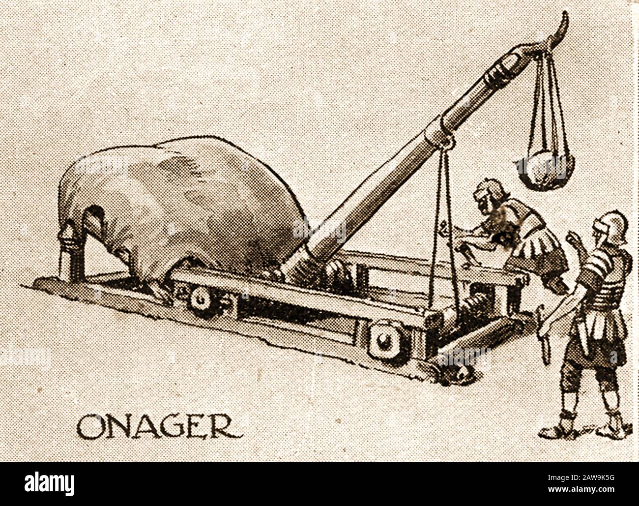 A 1940's illustration showing historic battle weapons - The Onager (Catapult). It was an imperial-era Roman torsion powered siege engine first mentioned in 353 AD by Ammianus Marcellinus. Also called a Scorpion. It takes its name (onager = mule) from the way the engine   kicks as it catapults the stones or other missiles. Stock Photo