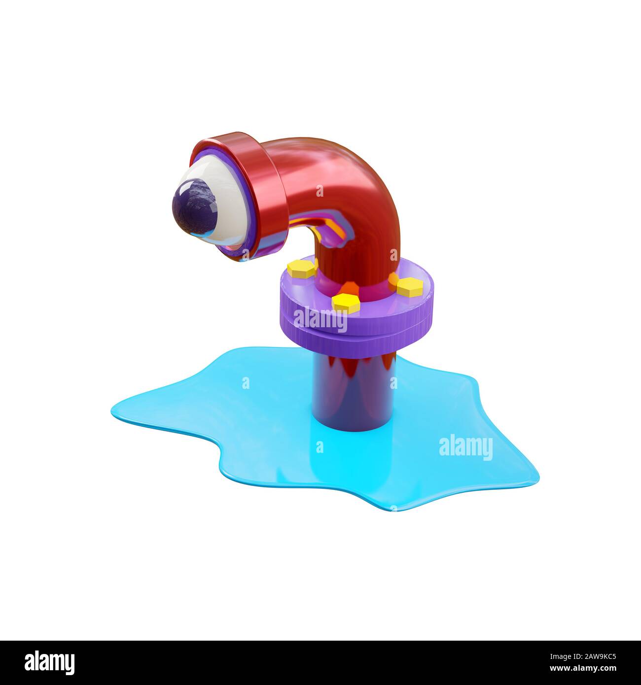 Cartoon monster in a sewer pipe in glossy red, looks with one eye, like in a telescope of a submarine. A blue puddle of water spread around the pipe. Stock Photo