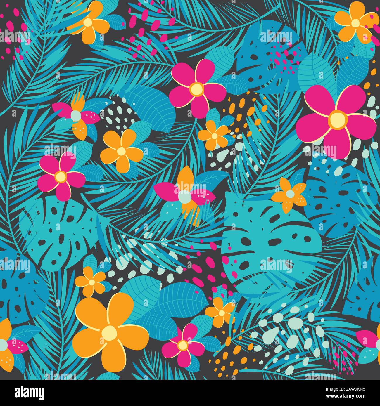 Tropical Seamless Pattern With Palm Leaves And Flowers Vector Illustration Stock Vector Image Art Alamy