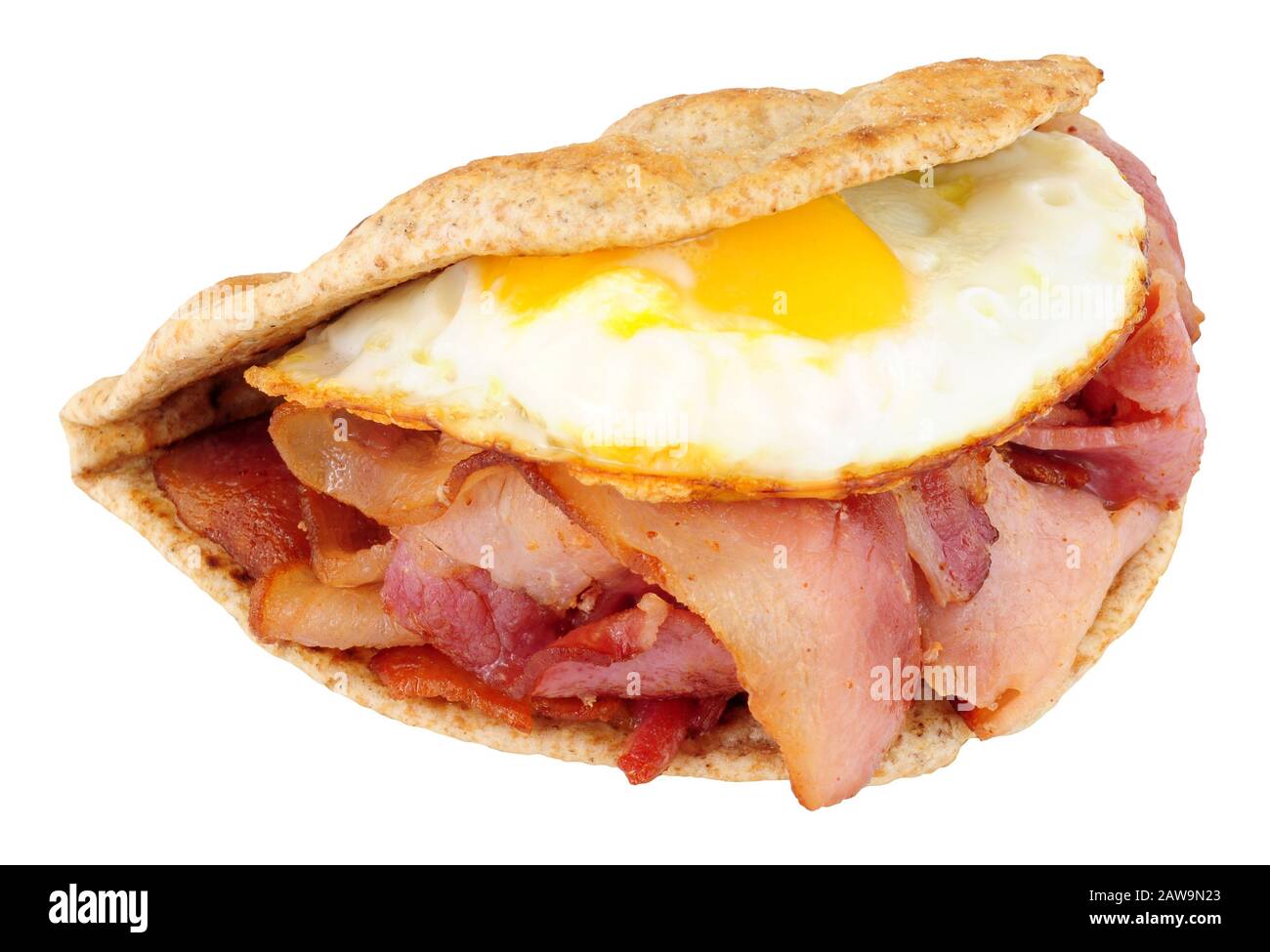 Fried egg and bacon flatbread sandwich isolated on a white background Stock Photo