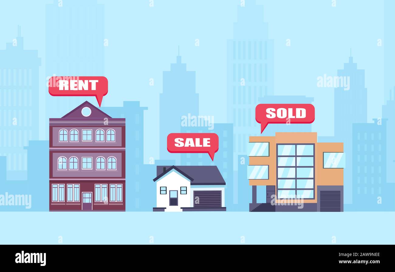 Real estate concept. Vector of apartments, business offices and houses on sale, being rented or sold. Stock Vector