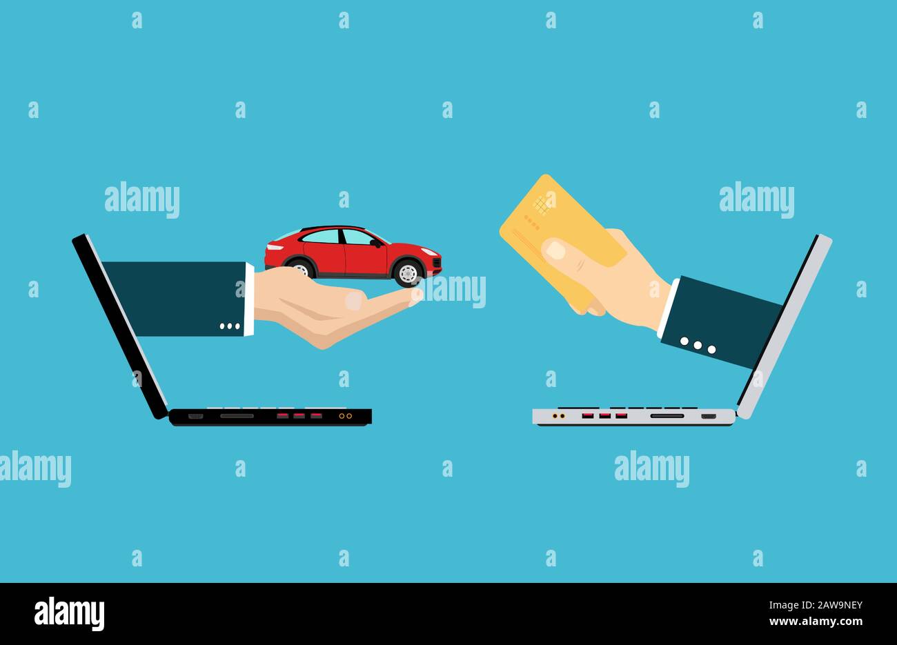 Vector of two hands coming out from laptops exchanging money for a car Stock Vector