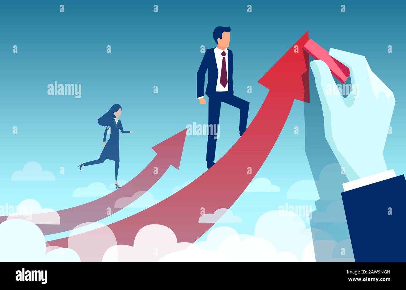 Business gender inequality concept. Vector of a businesswoman climbing up her own career path while businessman being supported by corporate hand Stock Vector