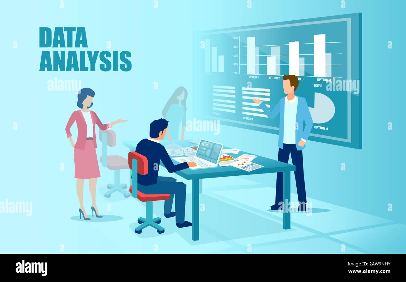Vector of a business team managing new financial project and analyzing data in office Stock Vector