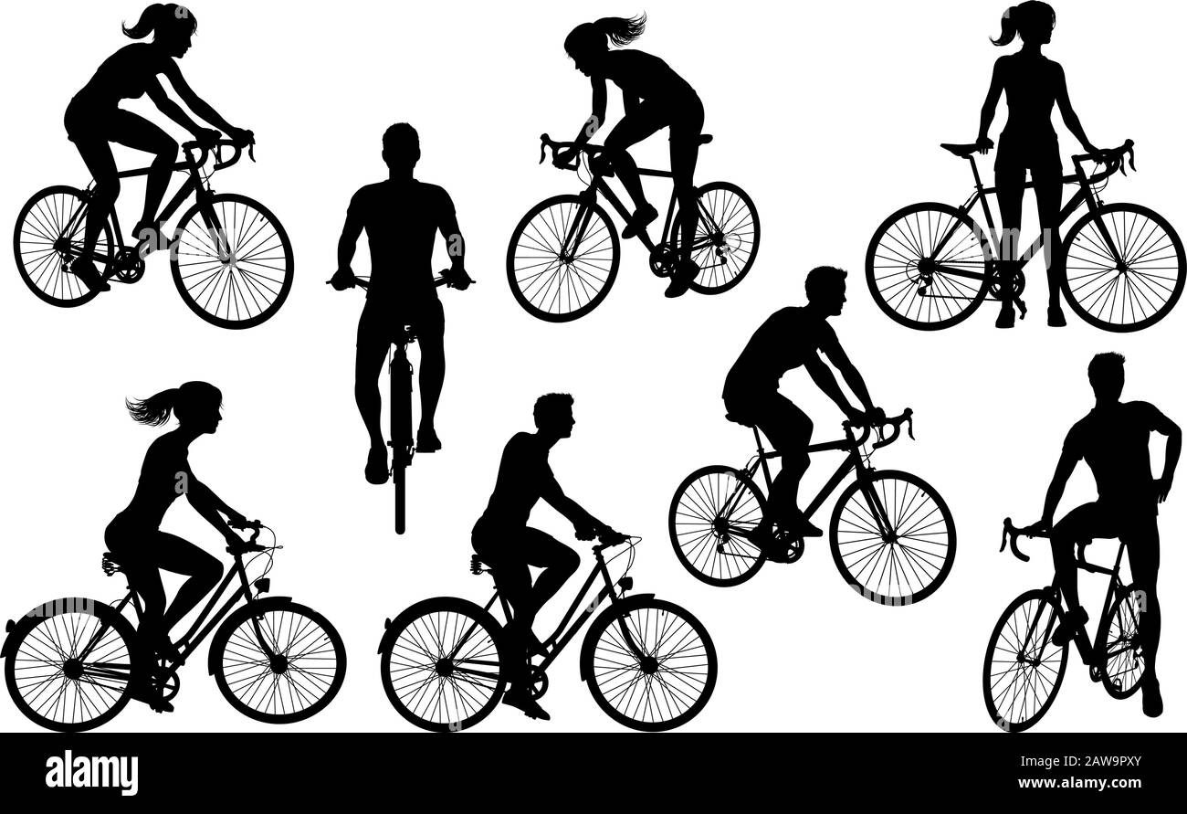 Bicycle Riding Bike Cyclists Silhouettes Set Stock Vector