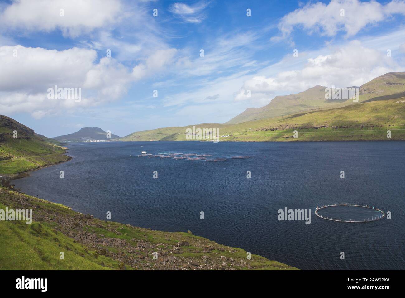 Salmon Farm, Vestmanna town, Streymoy Island, Faroe Islands Stock Photo