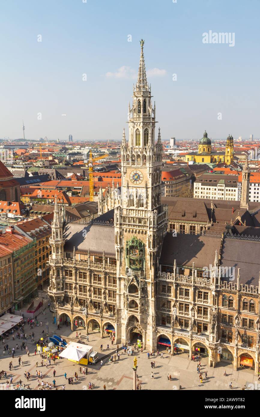 Beautiful super wide-angle sunny aerial view of Munich, Bayern, Bavaria, German Stock Photo