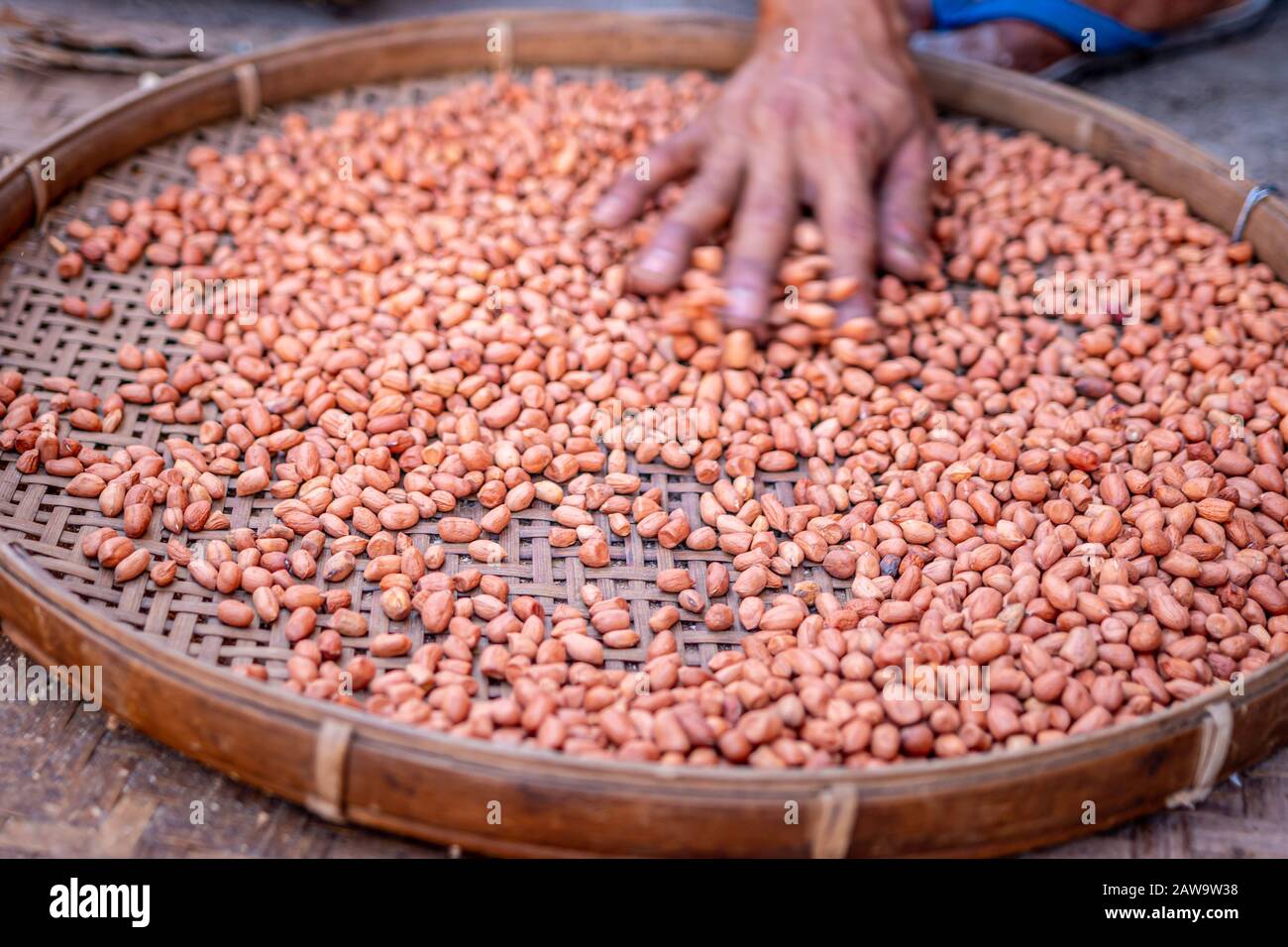 Hands on shelled peanuts in a threshing basket, local market Stock Photo
