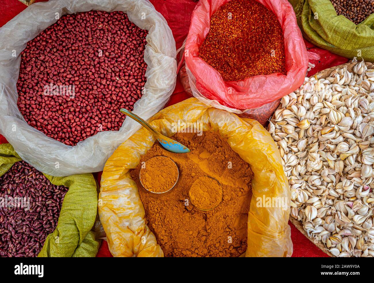 Variety of beans and spices, local market Stock Photo