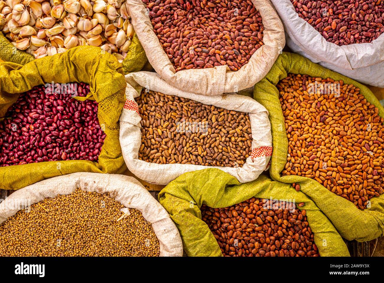 Variety of beans and spices, local market Stock Photo