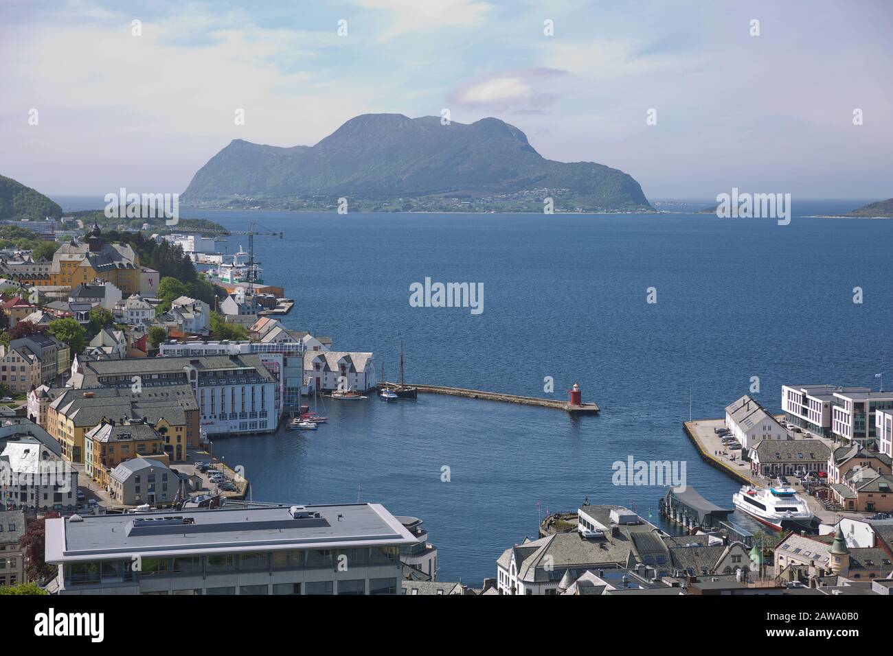 ALESUND, NORWAY - MAY 29, 2017: Buildings architecture Jugendstil (or better known as Art Nouveau). City of Alesund in Norway  was rebuild completely Stock Photo