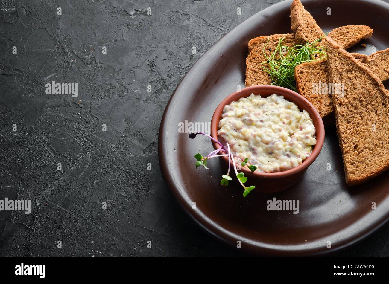 Rustic Pate Pate with herring and cream sauce and black bread. Top view. free space ...
