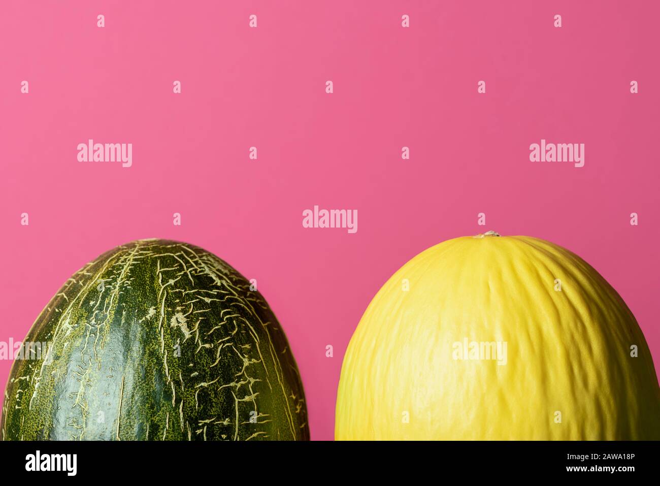 Two sweet melons on pink background. Green and yellow melons. Fresh summer fruits. Honeydew melon and frog skin melon isolated on a red background. Stock Photo
