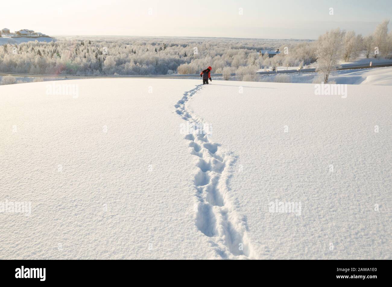 January 2020 - Malye Korely. The kid makes his way through the snowdrifts. Russia, Arkhangelsk region Stock Photo