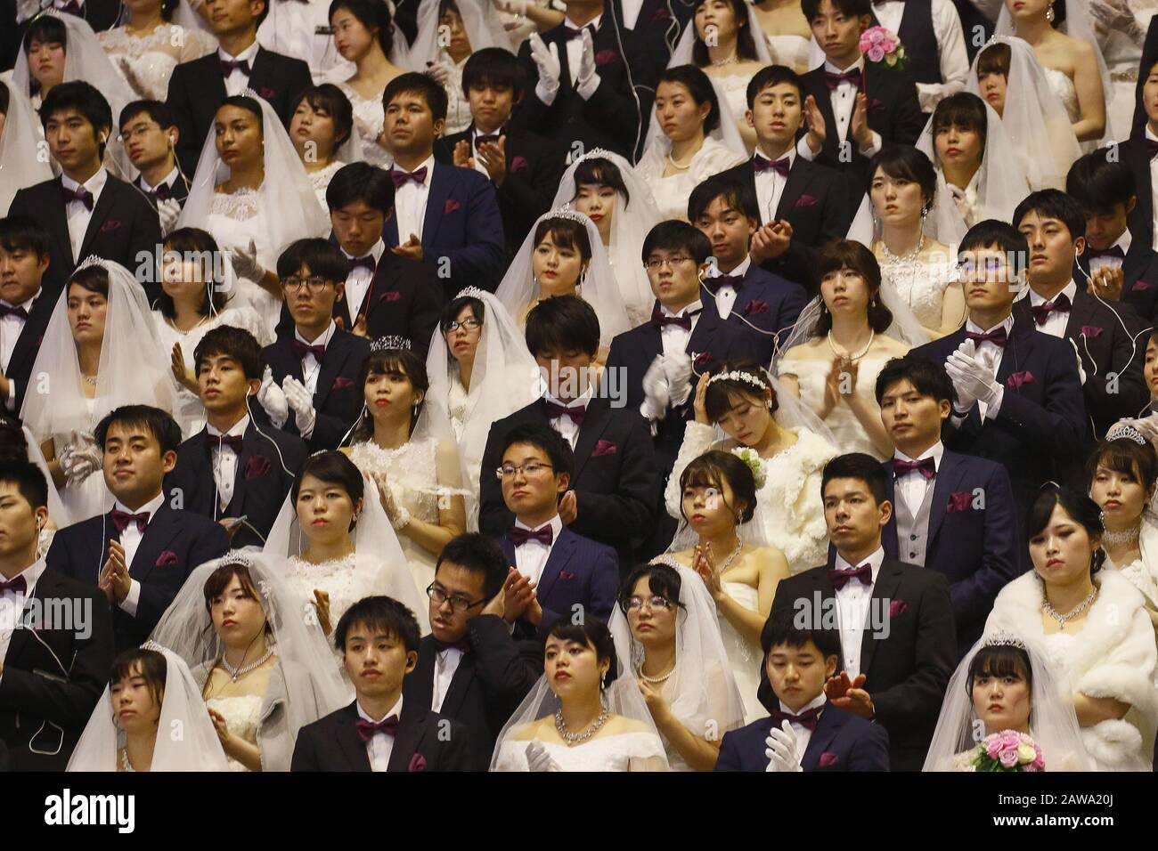 Gapyeong, South Korea. 7th Feb, 2020. Thousands of couples take part in a mass wedding of the Family Federation for World Peace and Unification, commonly known as the Unification Church, at Cheongshim Peace World Center in Gapyeong-gun, South Korea. Credit: Ryu Seung-Il/ZUMA Wire/Alamy Live News Stock Photo