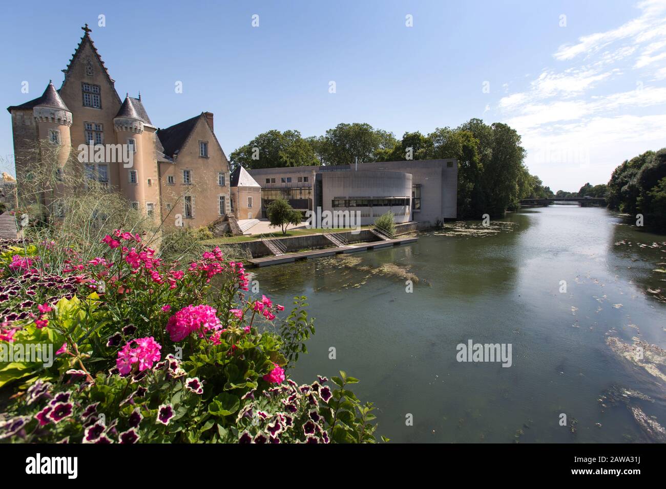Town of La Fleche, France. Picturesque summer view of the Loir River at