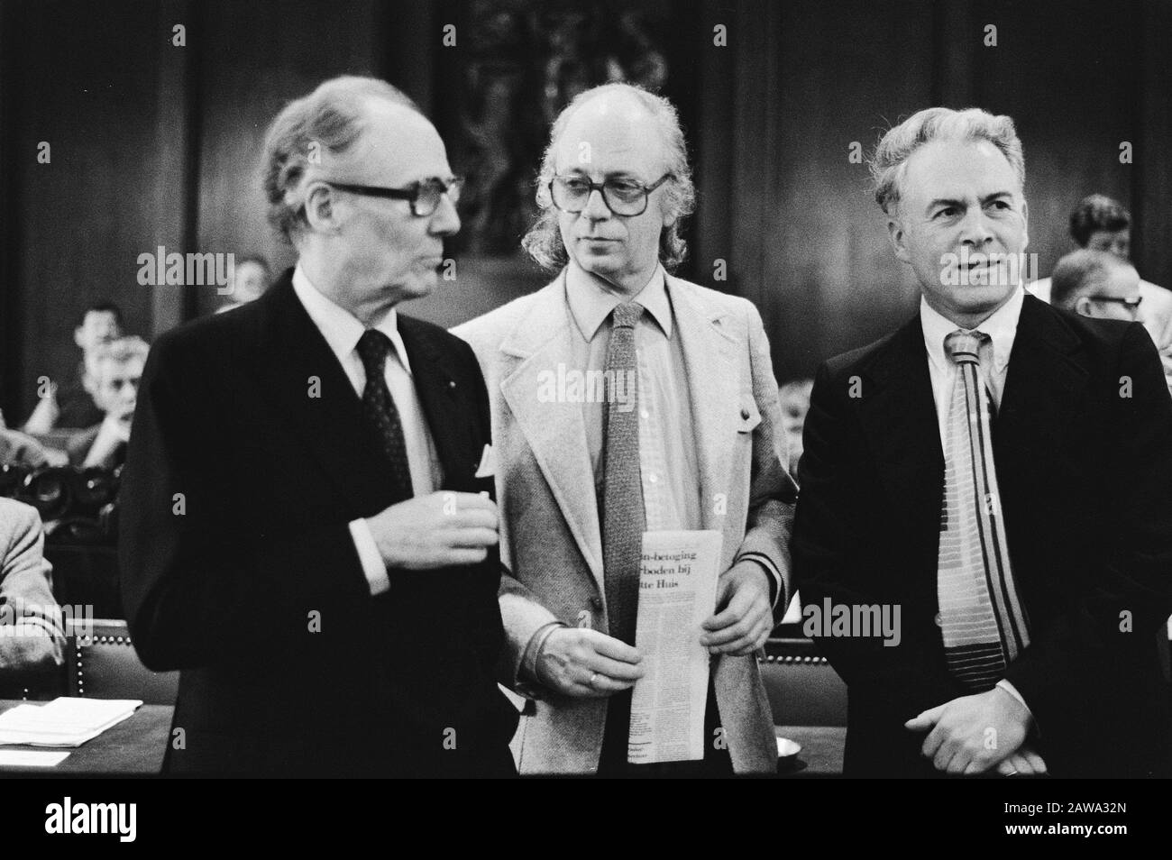 Amsterdam City Council meeting on the construction of the City Hall / Music Theater at the Waterloo  Among those present v.l.n.r. Guus Oster (Director square and consultant in the development of the music), Hans de Roo (intendant of the Dutch Opera Foundation) and Anton Gerritsen (managing director of the National Ballet) Date: November 21, 1979 Location: Amsterdam, Noord-Holland Keywords : Meetings, directors, councils Person Name: Gerritsen, Anton, Oster, Guus, Roo, Hans Stock Photo