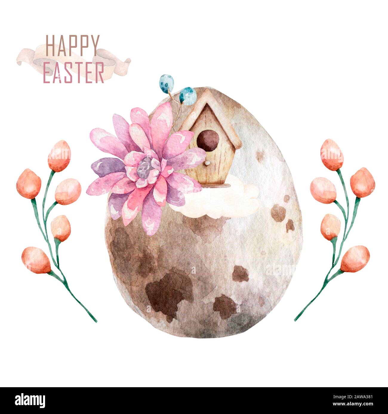 Watercolor Happy Easter set, Colored eggs with pink flower and spring ...