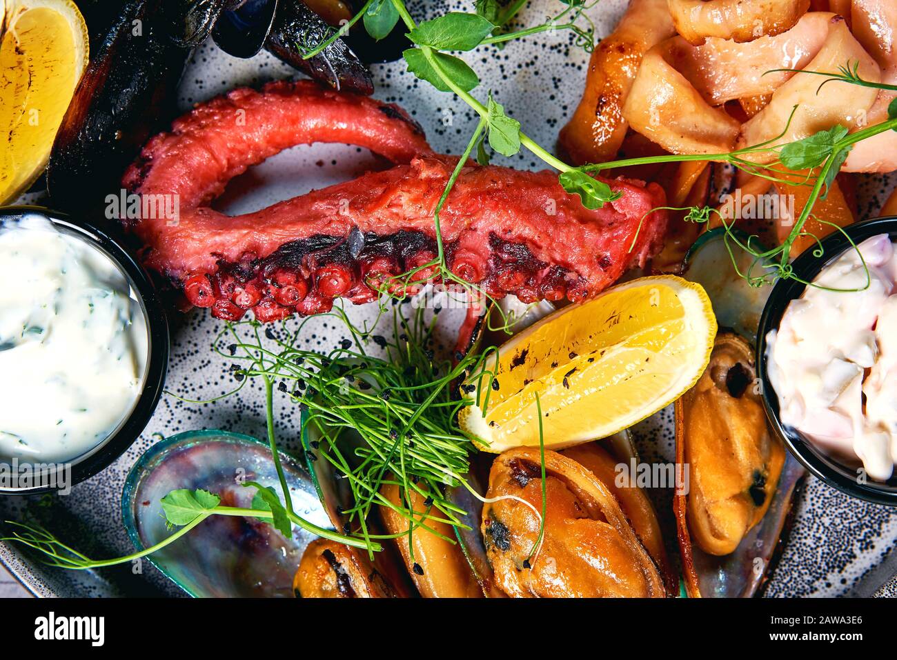 plate with fresh seafood on the table Stock Photo