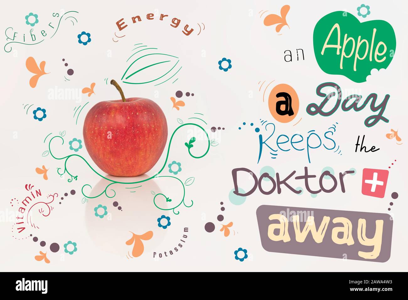 apple with vector graphics with text an apple a day keeps the doctor away, natural theme, Healty food concept Stock Vector