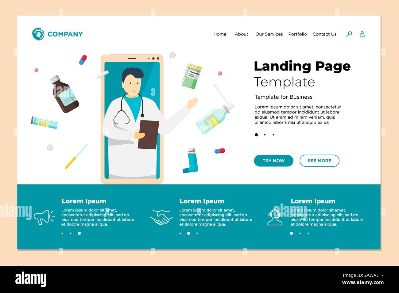 Health care online website landing page design template. Medical internet assistance. Male doctor consultant and medicine pills tablets drugs. Consulting pharmacy service vector eps illustration Stock Vector