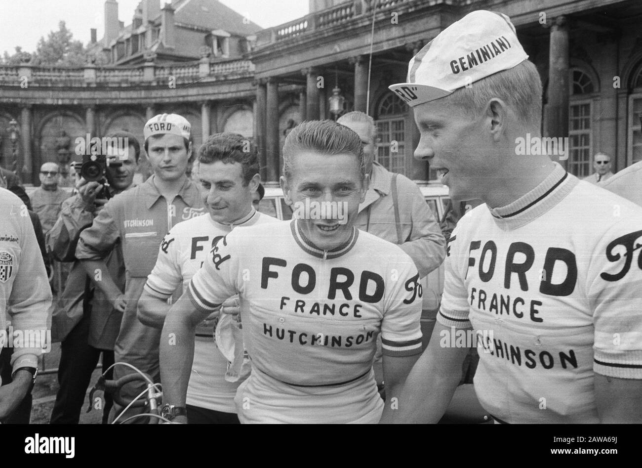 Nederlands: Lucien Aimar, Jacques Anquetil and Arie den Hartog at the 1966 Tour de France .; Stock Photo