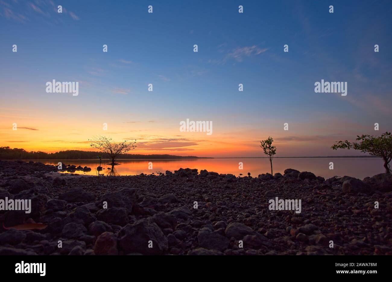 Sunset over the River Gambia from the Tendaba camp, Gambia. Stock Photo