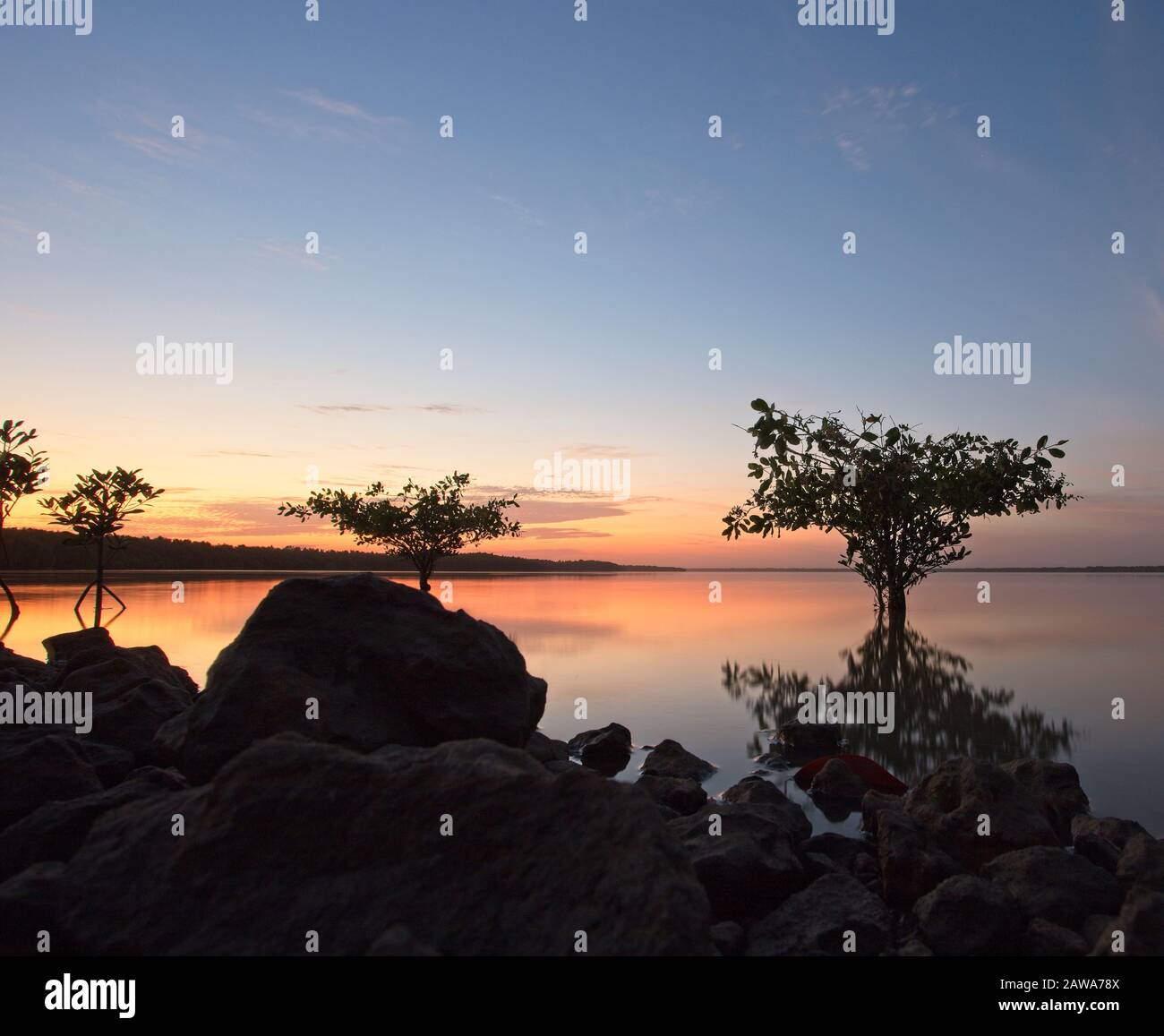 Sunset over the River Gambia from the Tendaba camp, Gambia. Stock Photo