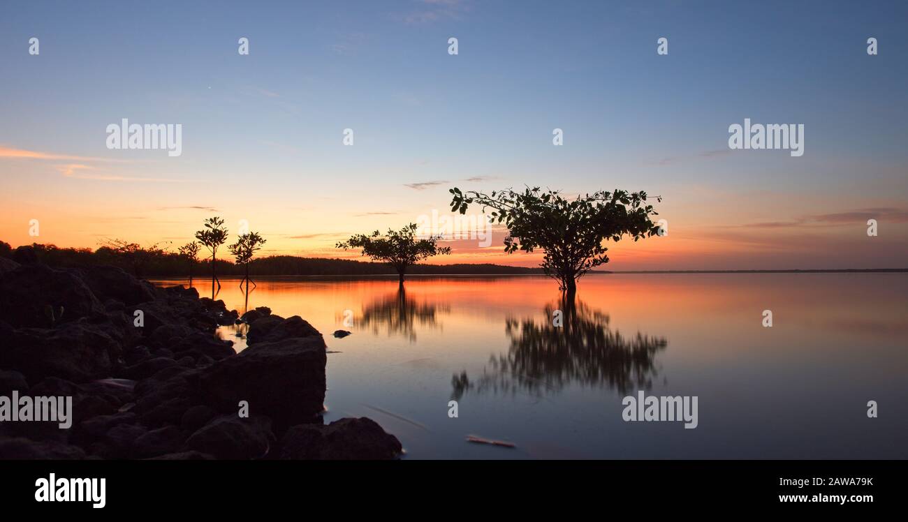Sunset over the River Gambia from the Tendaba camp, Gambia. Stock Photo