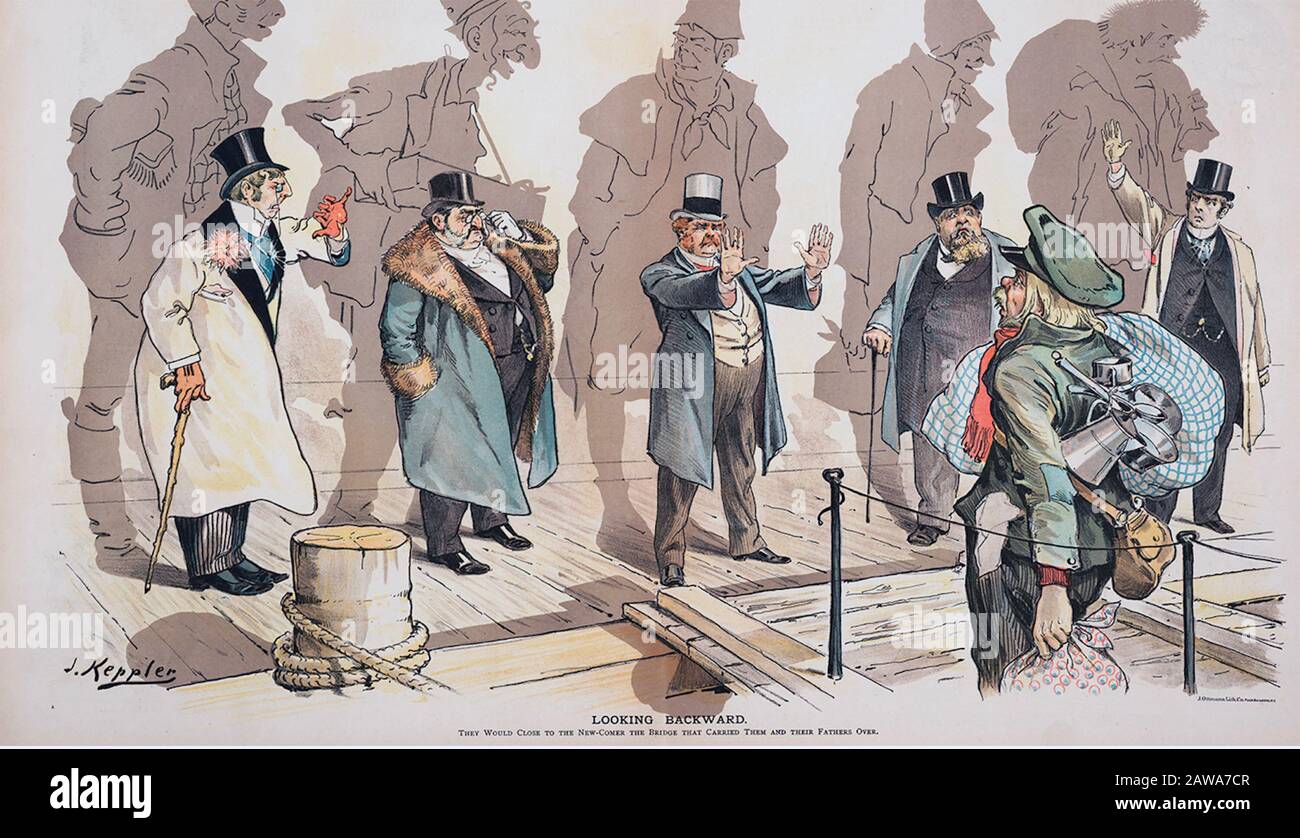 IRISH IMMIGRANT to America finds he is not welcome by those who have gone before and prospered in an 1883 cartoon Stock Photo