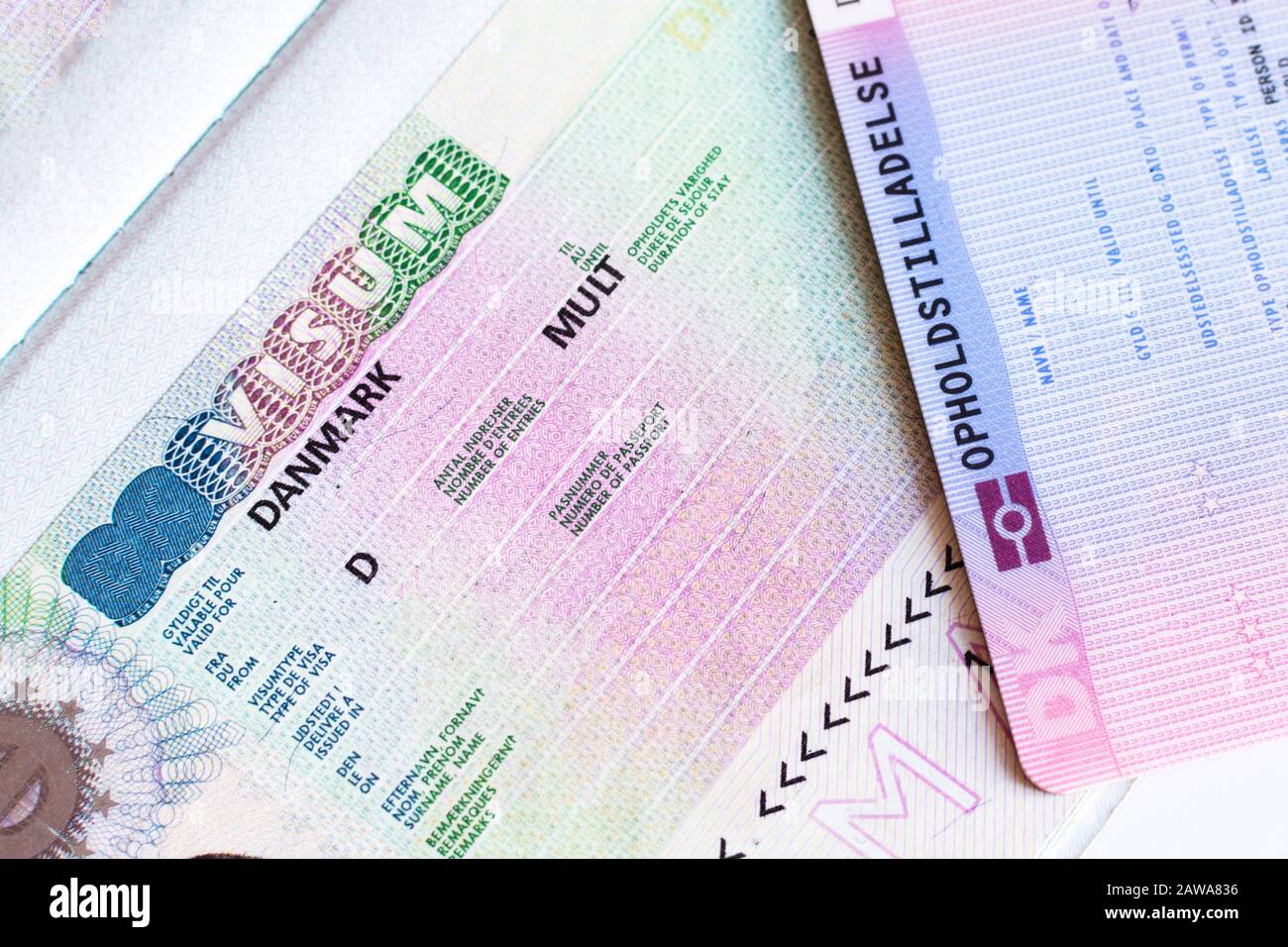 Fragment of Schengen multi entrance Denmark visa in passport close-up.  Travel Denmark visa Stock Photo - Alamy