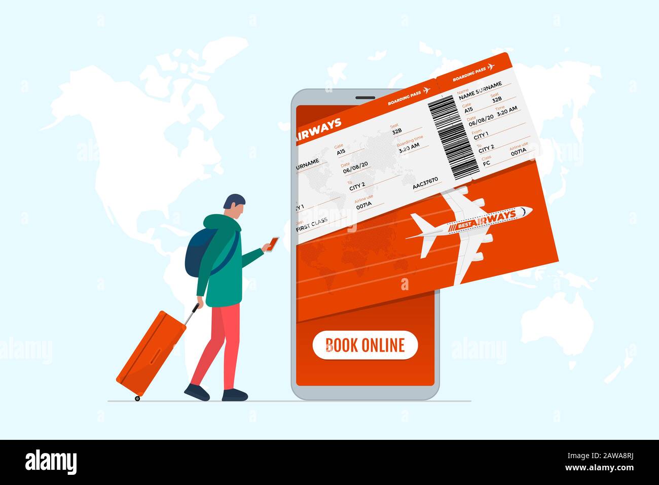 Online flight booking service concept. Young man with suitcase luggage book airplane travel on smartphone. Plane ticket reservation and pay mobile app on world map vector illustration Stock Vector